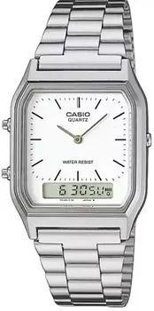 Zegarek CASIO vintage AQ-230A-7DMQYES z prostokątną kopertą i analogowo-cyfrową tarczą, w białej kolorystyce. Zegarek Casio Vintage AQ-230A-7DMQYES wyposażony jest w kwarcowy mechanizm,.webp