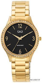 Zegarek damski QQ na bransolecie w złotym kolorze z czarną tarczą Q75B-009P.  Zegarki damskie wyraźne. Zegarek dla starszej osoby. Klasyczny tani zegarek na złotej bransolecie. Pomysł na prezent dla starszej osoby. Z.jpg